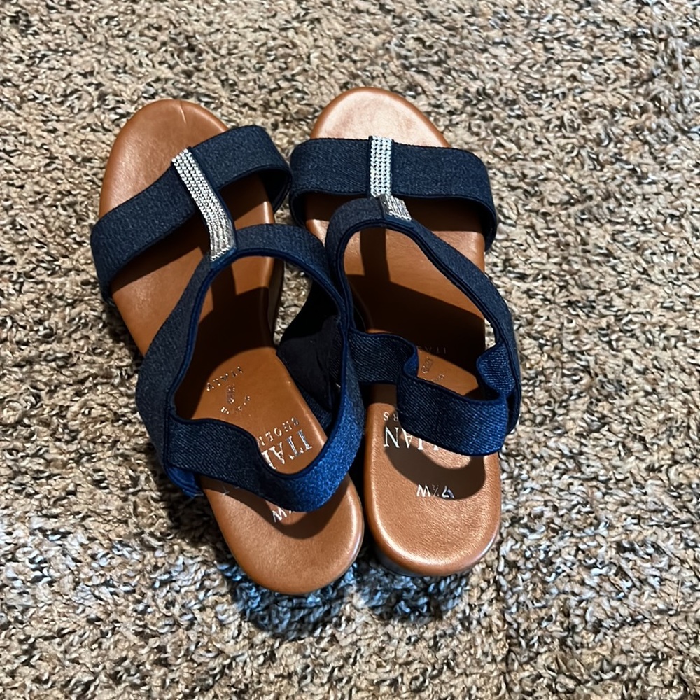 Italian shoemaker jean like sandals with rhinestones. - Picture 2 of 6